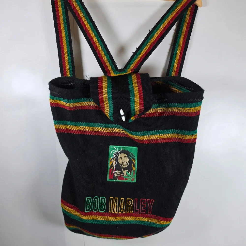 Bob Marley Rasta Striped Woven Backpack Black Red Yellow Green Festival Bag